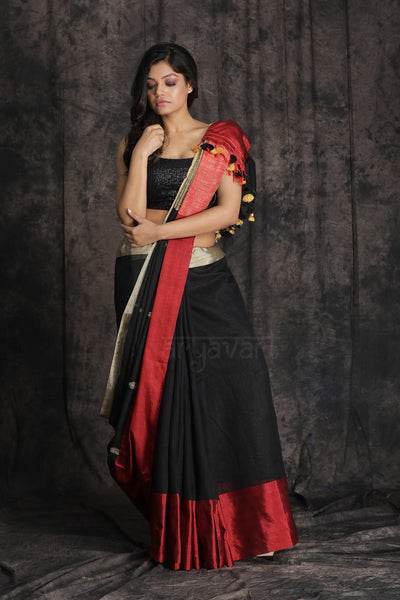 Black Blended Cotton Saree With Double Colour Boarder and Woven Design