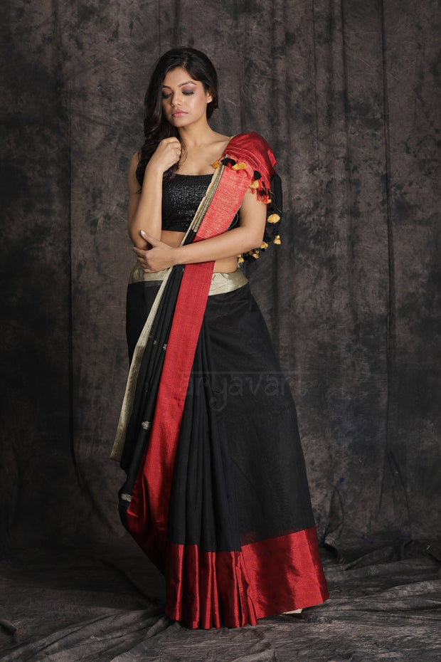 Black Blended Cotton Saree With Double Colour Boarder and Woven Design