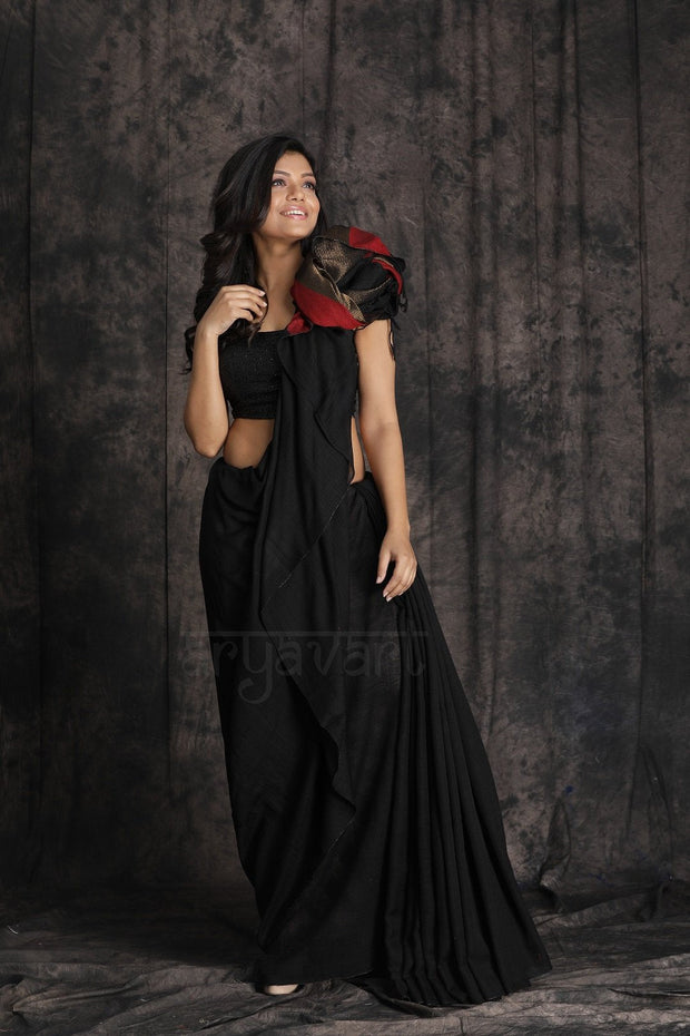 Black Cotton Saree With a Stunning Red and Gold Pallu