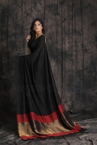 Black Cotton Saree With a Stunning Red and Gold Pallu