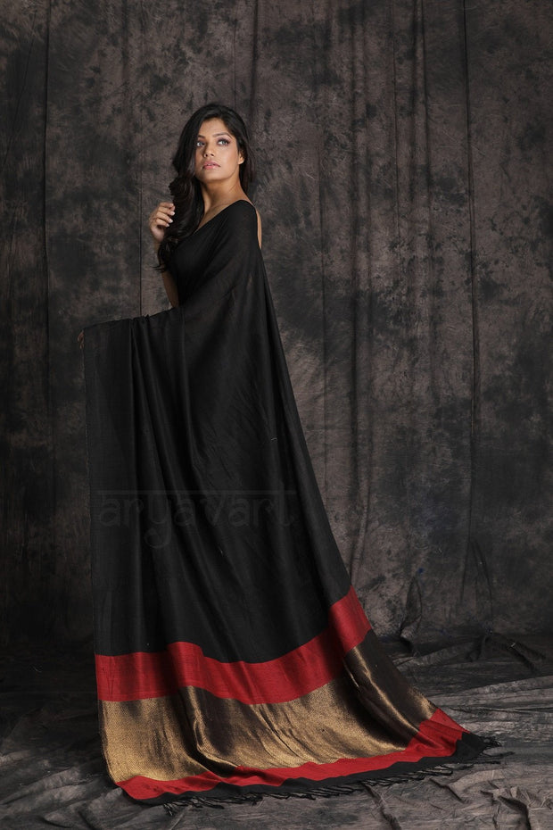 Black Cotton Saree With a Stunning Red and Gold Pallu