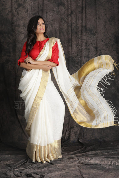 Off-White textured Organic Linen saree with gold Border