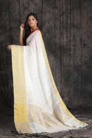 Off-White textured Organic Linen saree with gold Border