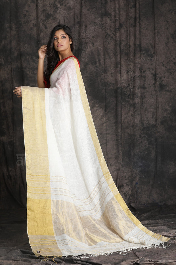 Off-White textured Organic Linen saree with gold Border