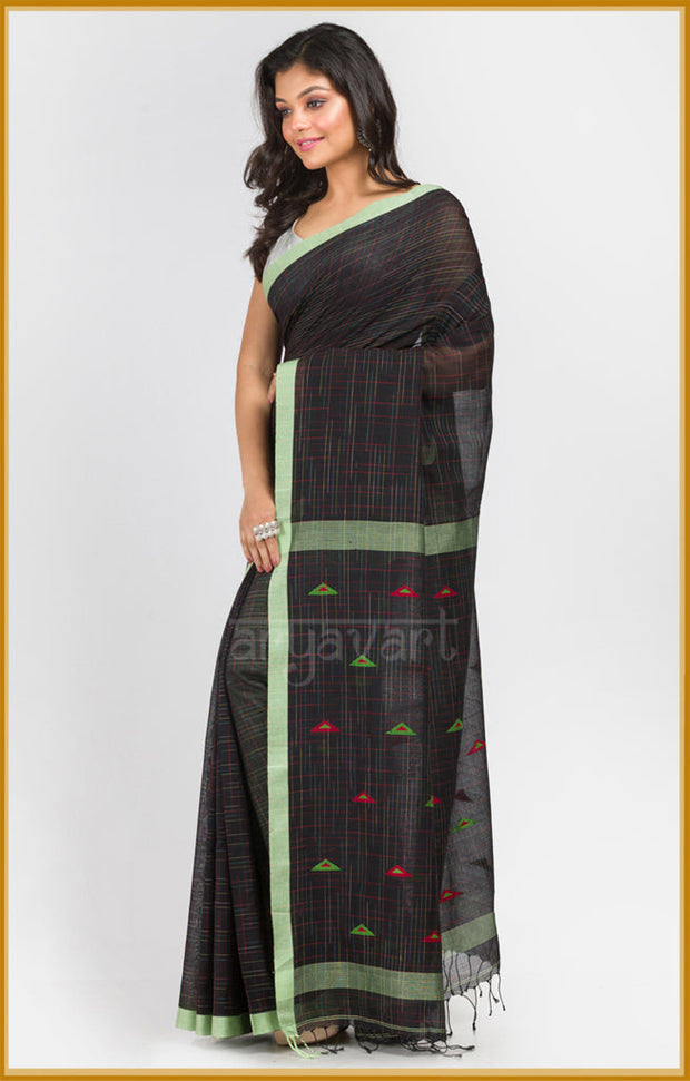 Black pure cotton saree with Handwoven Jamdani motifs