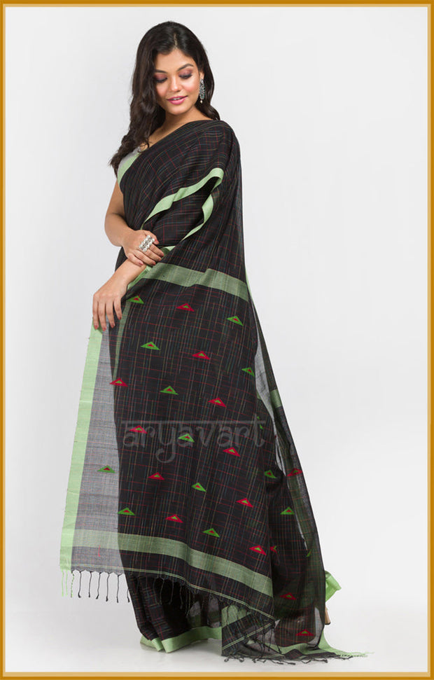 Black pure cotton saree with Handwoven Jamdani motifs