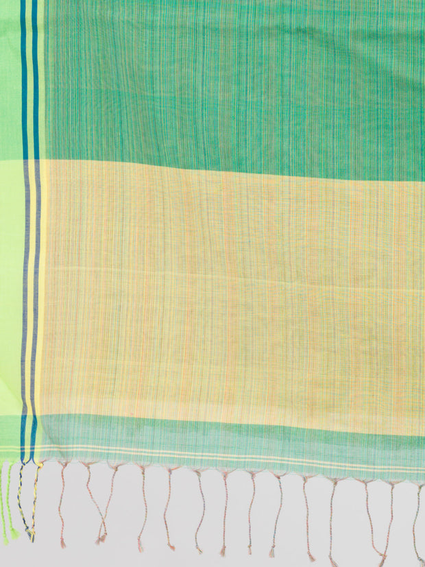 Green pure cotton saree with multicolour lines woven in