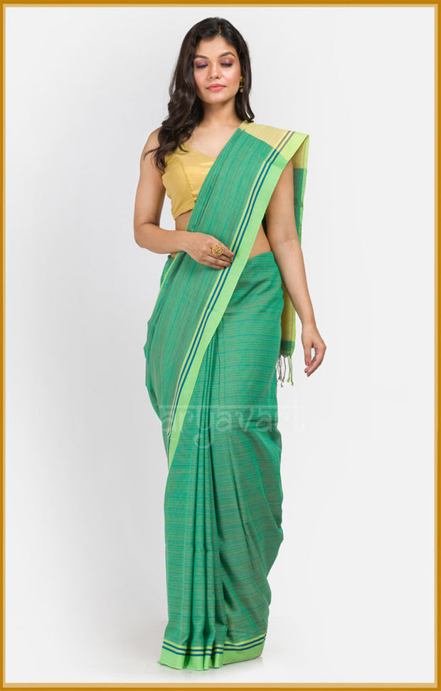 Green pure cotton saree with multicolour lines woven in