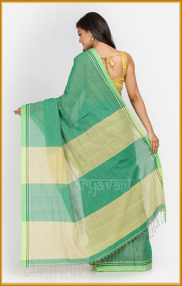 Green pure cotton saree with multicolour lines woven in