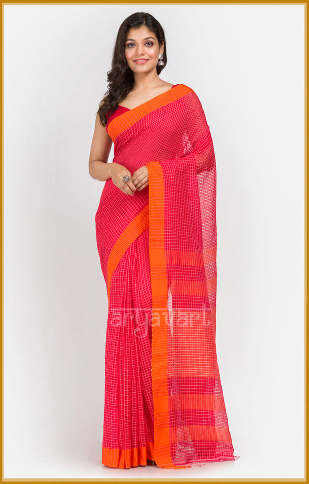 Red pure cotton saree with textured woven checks and a stunning orange border