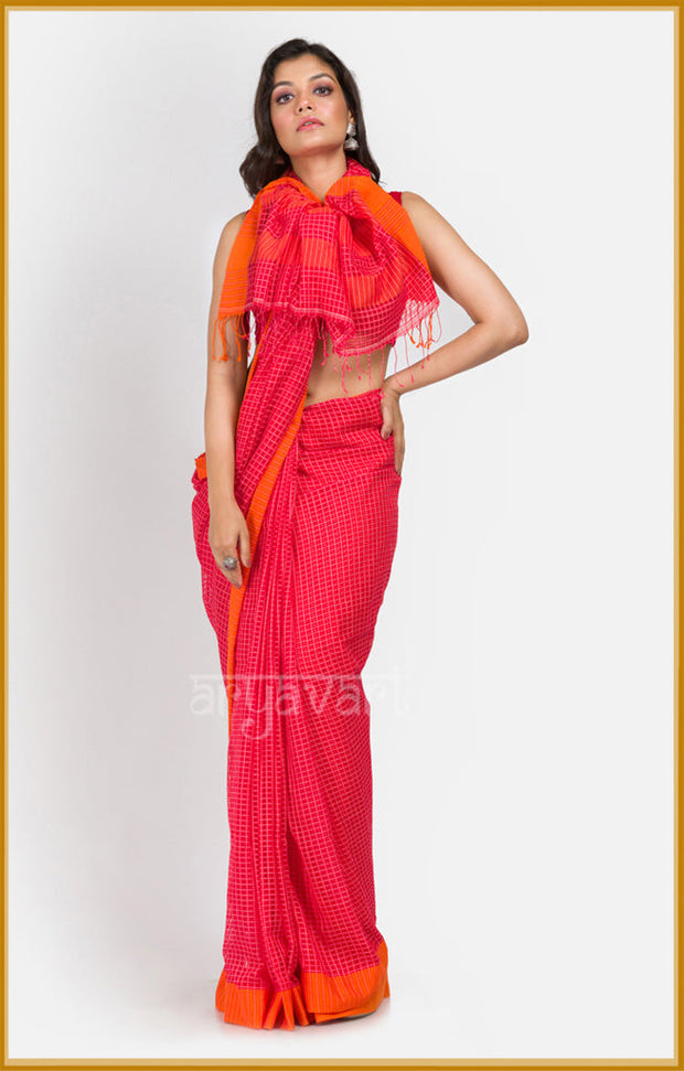 Red pure cotton saree with textured woven checks and a stunning orange border