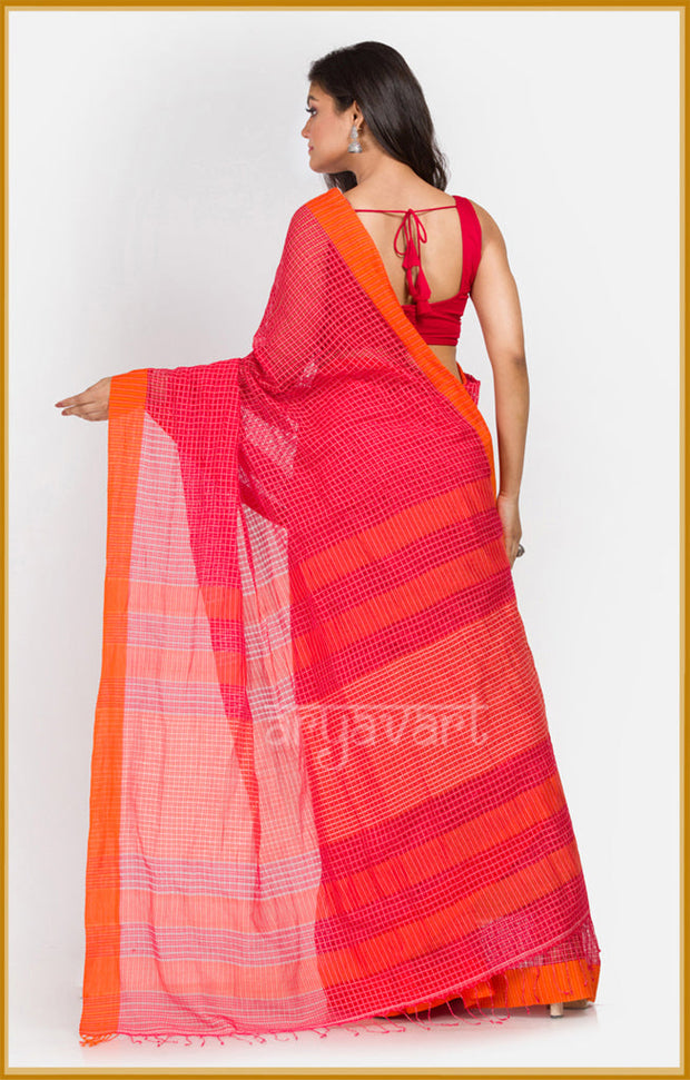 Red pure cotton saree with textured woven checks and a stunning orange border