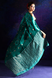 TEAL HALF & HALF MATKA SILK SAREE WITH ZARI BUTTA