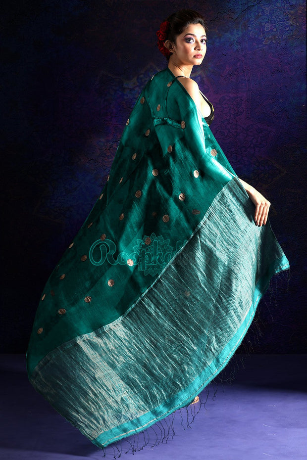 TEAL HALF & HALF MATKA SILK SAREE WITH ZARI BUTTA