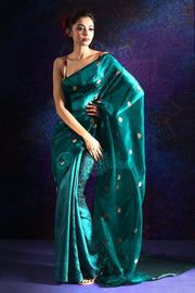 TEAL HALF & HALF MATKA SILK SAREE WITH ZARI BUTTA