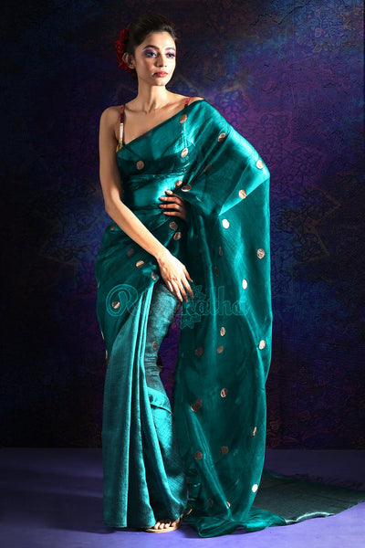 TEAL HALF & HALF MATKA SILK SAREE WITH ZARI BUTTA