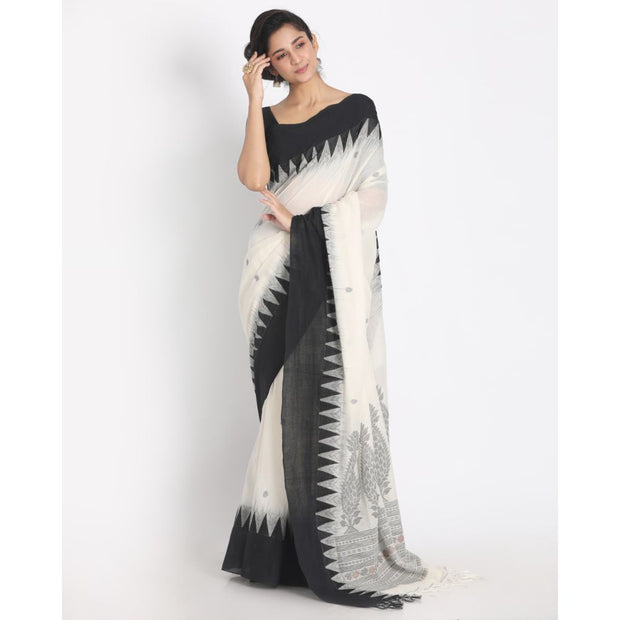 Off- White Cotton Saree with Black Border & Woven Design
