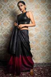Black Tussar Silk With Tie & Dye Border and Pallu In Shades of Rose