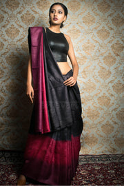 Black Tussar Silk With Tie & Dye Border and Pallu In Shades of Rose