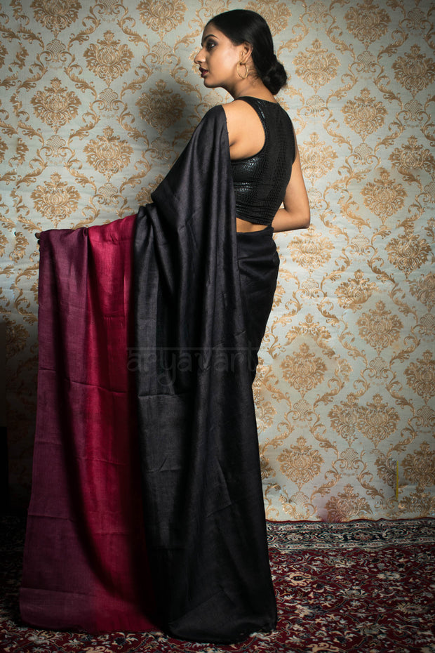 Black Tussar Silk With Tie & Dye Border and Pallu In Shades of Rose