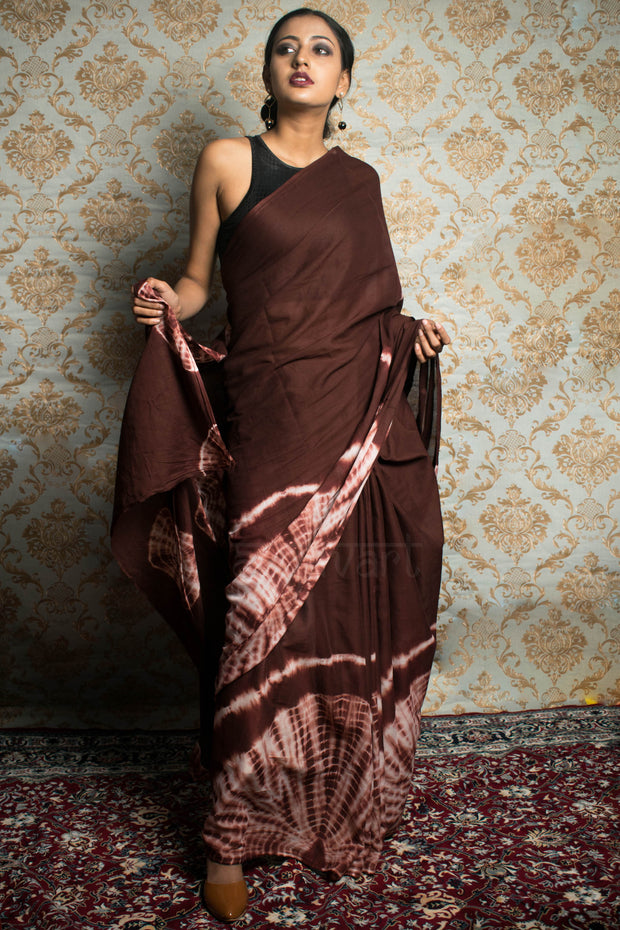 Chocolate Brown Tie & Dye Cotton saree