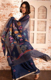Midnight Blue Cotton Saree with Tussar Border & Jamdani Woven Design