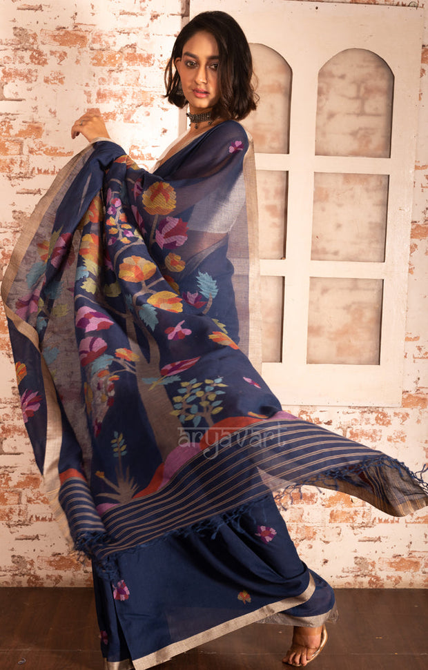 Midnight Blue Cotton Saree with Tussar Border & Jamdani Woven Design