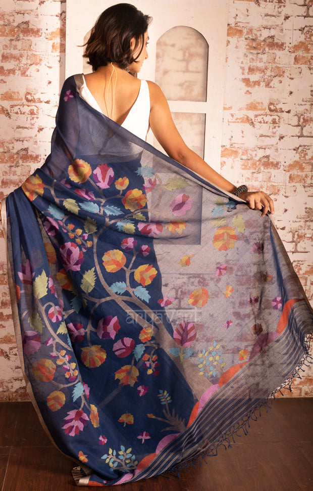 Midnight Blue Cotton Saree with Tussar Border & Jamdani Woven Design