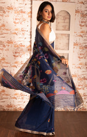Midnight Blue Cotton Saree with Tussar Border & Jamdani Woven Design