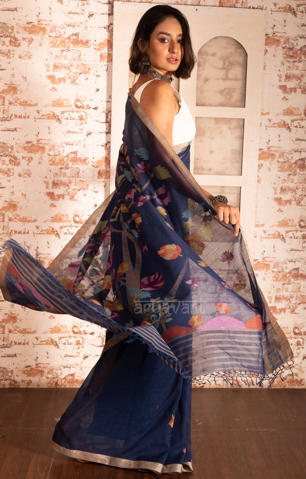 Midnight Blue Cotton Saree with Tussar Border & Jamdani Woven Design