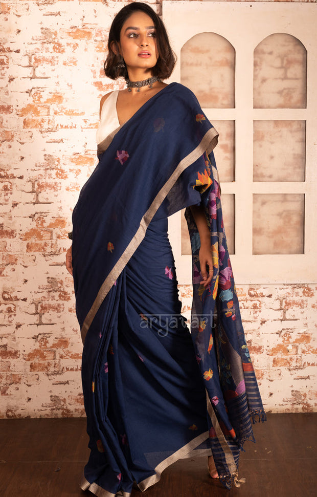 Midnight Blue Cotton Saree with Tussar Border & Jamdani Woven Design