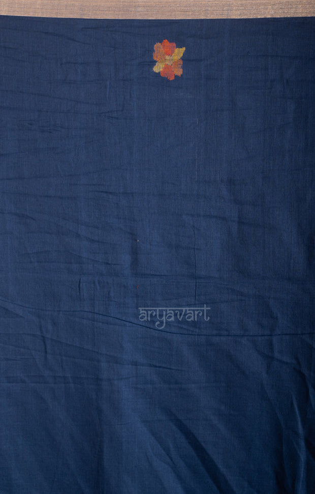 Midnight Blue Cotton Saree with Tussar Border & Jamdani Woven Design
