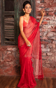 Scarlet Red & Silver Tissue Linen Saree