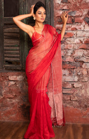 Scarlet Red & Silver Tissue Linen Saree