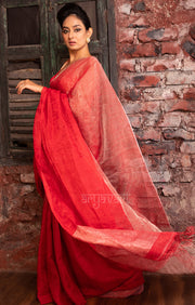 Scarlet Red & Silver Tissue Linen Saree