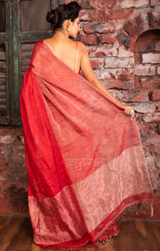 Scarlet Red & Silver Tissue Linen Saree