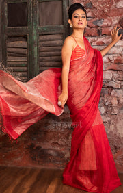 Scarlet Red & Silver Tissue Linen Saree