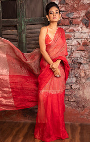 Scarlet Red & Silver Tissue Linen Saree
