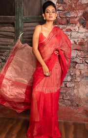 Scarlet Red & Silver Tissue Linen Saree
