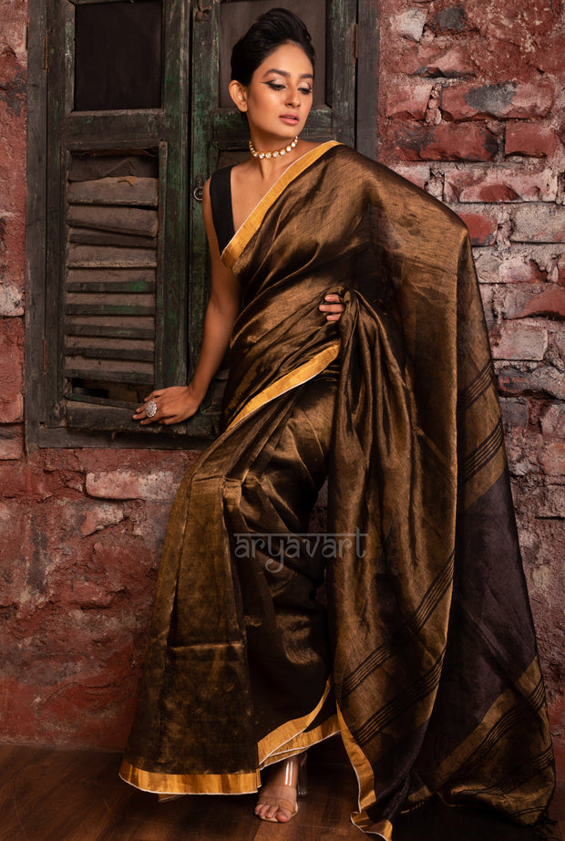 Gold & Black Tissue Linen Saree