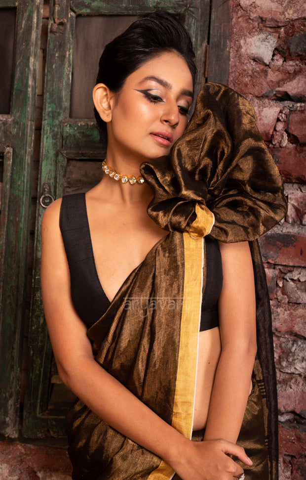 Gold & Black Tissue Linen Saree