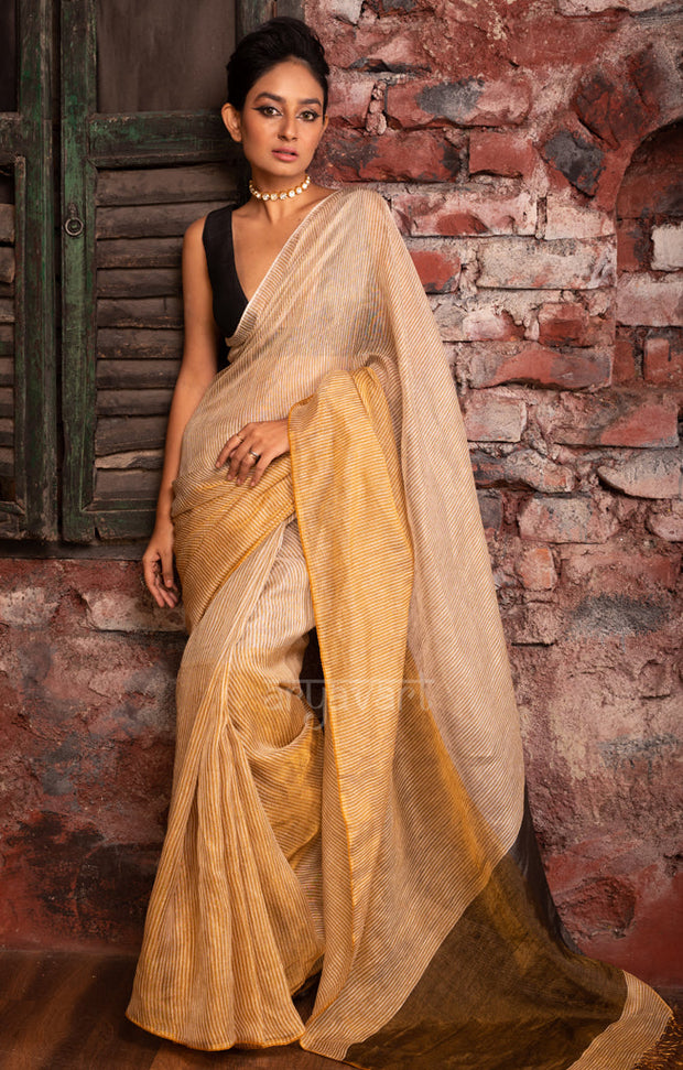 Beige & Gold Tissue Linen Saree With Woven Stripes