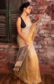 Beige & Gold Tissue Linen Saree With Woven Stripes