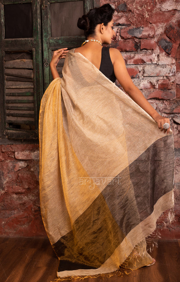 Beige & Gold Tissue Linen Saree With Woven Stripes