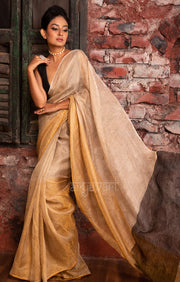 Beige & Gold Tissue Linen Saree With Woven Stripes