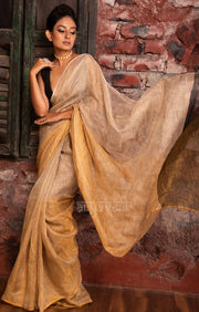 Beige & Gold Tissue Linen Saree With Woven Stripes