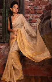 Beige & Gold Tissue Linen Saree With Woven Stripes