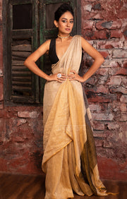 Beige & Gold Tissue Linen Saree With Woven Stripes