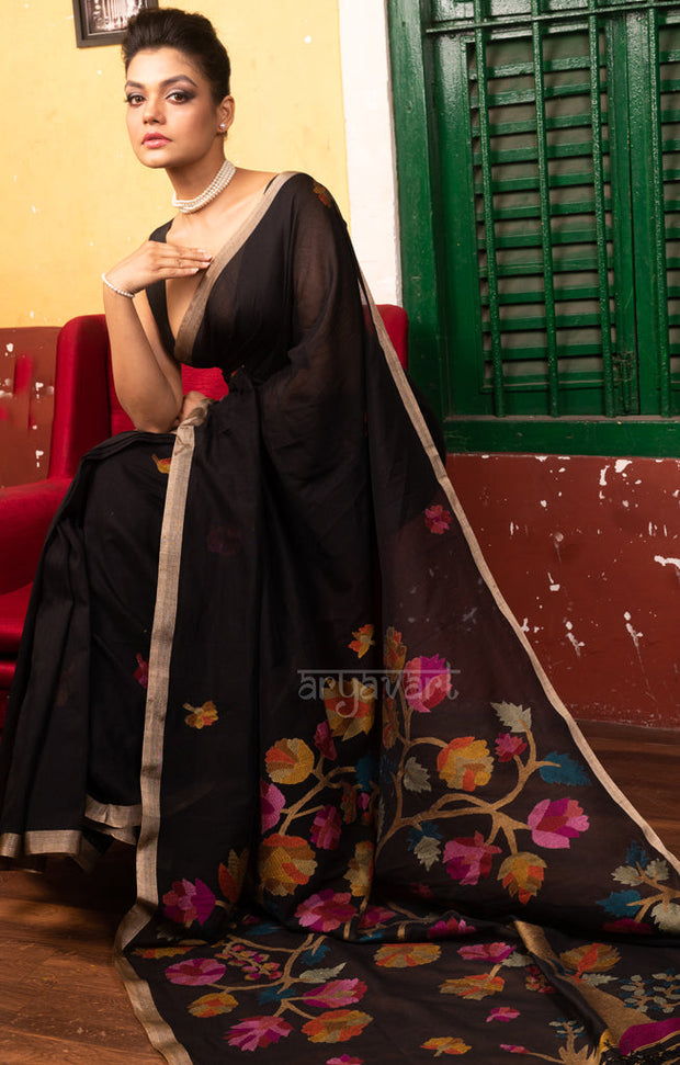 Black Cotton Saree with Tussar Border & Jamdani Woven Design
