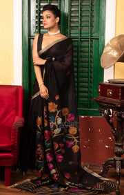 Black Cotton Saree with Tussar Border & Jamdani Woven Design
